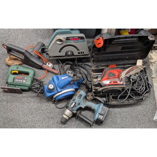 244 - Collection of shed clearance electric power tools all working, and Erbauer 14,4v cordless drill with... 