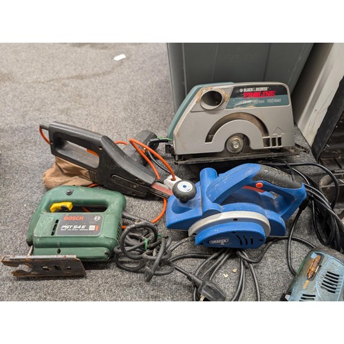 244 - Collection of shed clearance electric power tools all working, and Erbauer 14,4v cordless drill with... 