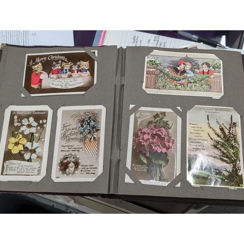 105 - Turn of the century postcard album 3/4 full of old postcards and greeting cards, Plus roughly 100 vi... 