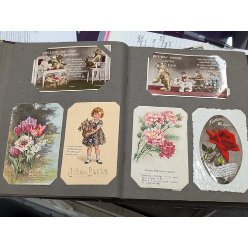 105 - Turn of the century postcard album 3/4 full of old postcards and greeting cards, Plus roughly 100 vi... 