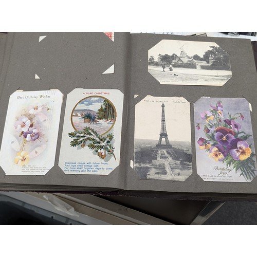 105 - Turn of the century postcard album 3/4 full of old postcards and greeting cards, Plus roughly 100 vi... 