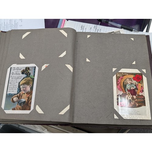 105 - Turn of the century postcard album 3/4 full of old postcards and greeting cards, Plus roughly 100 vi... 