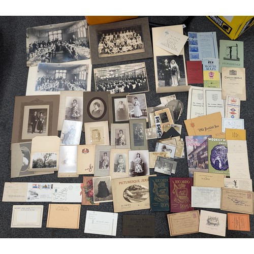 187 - Interesting ephemera collection including 19th century photographs, leaflets, postcards loose and bo... 