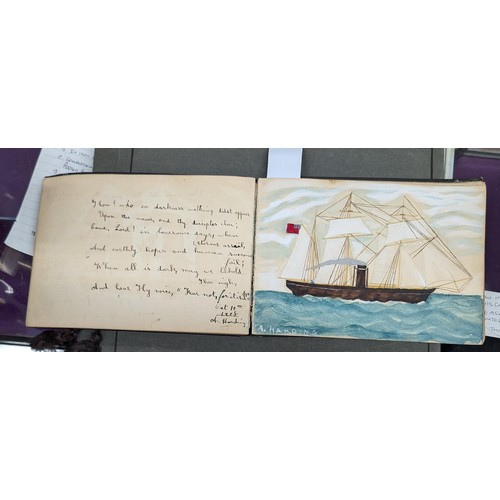 364 - Turn of the century album of ink written script and good wishes to include painting of old sailing s... 