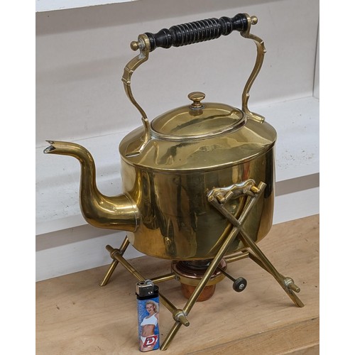 496 - Vintage brass spirit kettle with stand