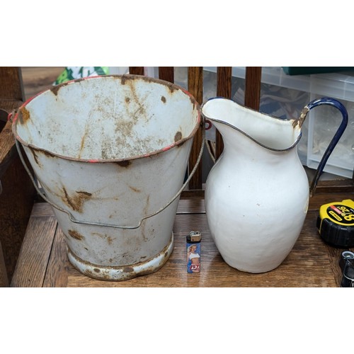 370 - Vintage enamel bucket (couple of small rust holes) and large jug