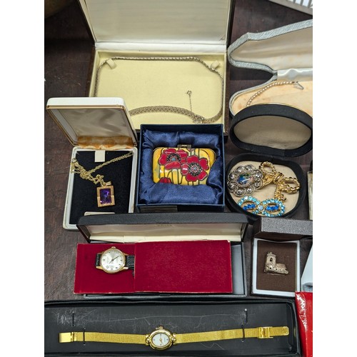 525 - Basket of cased and boxed, mostly vintage costume jewellery, brooches and watches