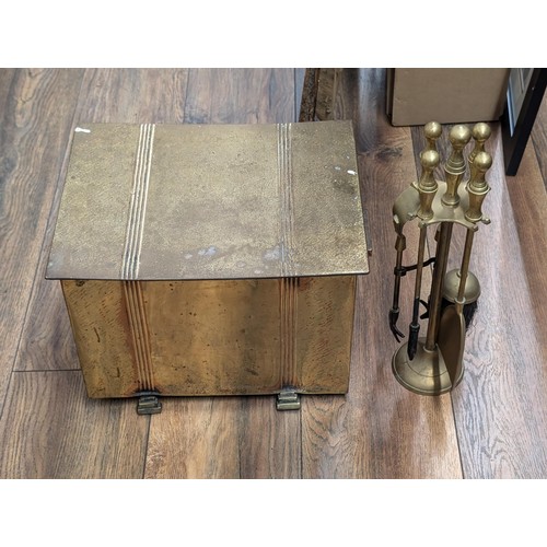 33 - Brass fireside companion tool set and small brass covered kindling box