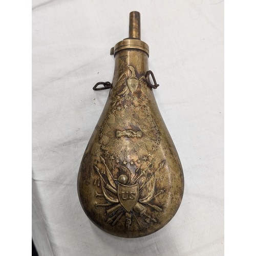 122 - Brass gunpowder flask with American civil war raised detailing