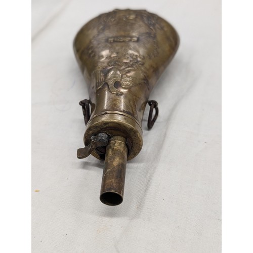 122 - Brass gunpowder flask with American civil war raised detailing