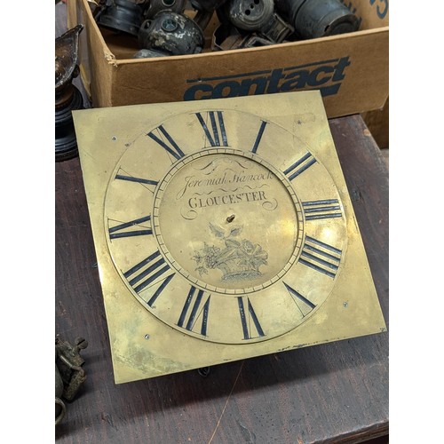 369 - Heavy brass long case clock face and mechanism - Jeremiah Hancock Gloucester - approximately 10