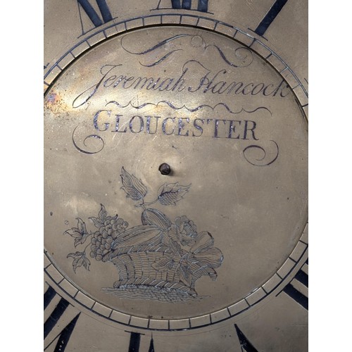 369 - Heavy brass long case clock face and mechanism - Jeremiah Hancock Gloucester - approximately 10