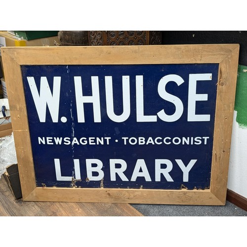 373A - W.Hulse Newsagent large genuine vintage enamel sign mounted in 42.5 x 32.5 frame