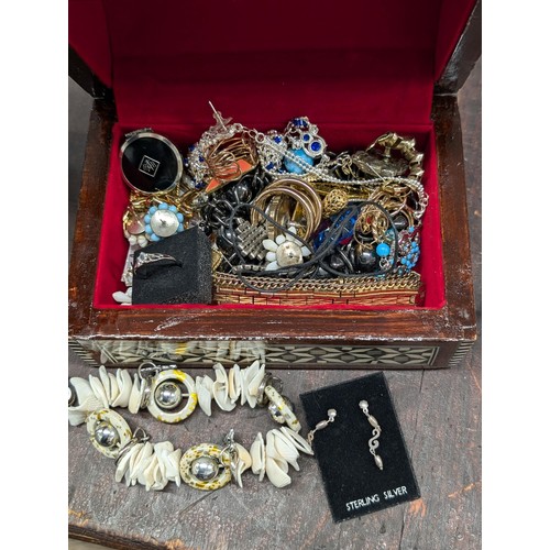 13 - 2 x domed and inlaid jewellery boxes with assorted costume and dress jewellery including couple of s... 