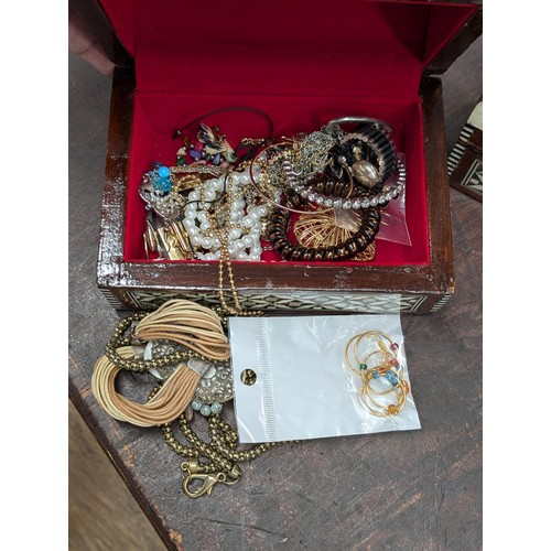 13 - 2 x domed and inlaid jewellery boxes with assorted costume and dress jewellery including couple of s... 