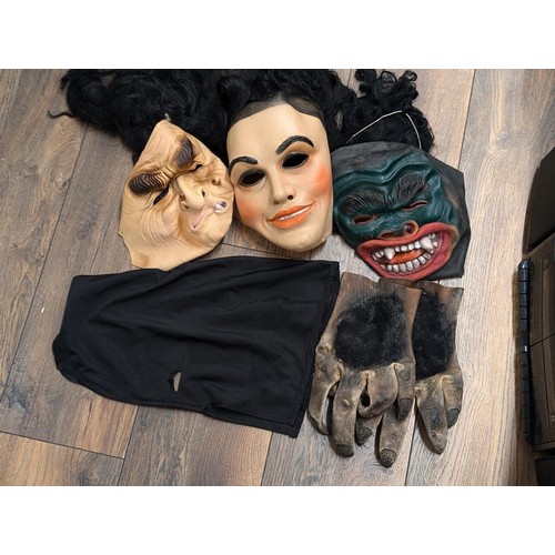 339 - Vintage Halloween bundle of 3 x masks, black hood and pair of werewolf hands