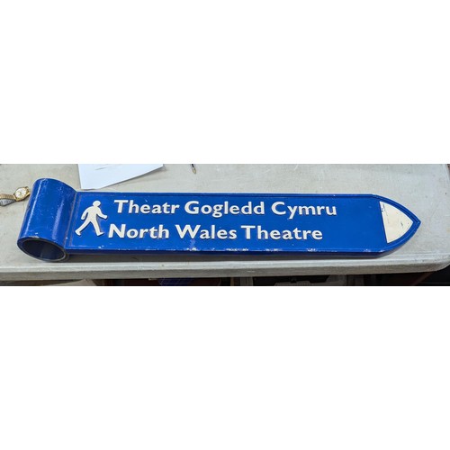 376 - Nearly 3 ft long heavy steel double sided sign post for North Wales theatre