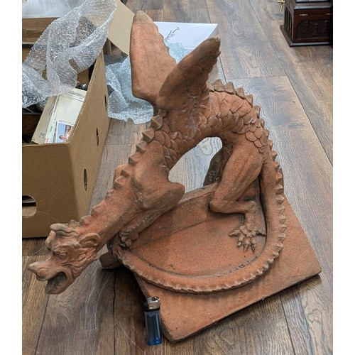 385 - Large and heavy terracotta roof ridge finial of Welsh dragon