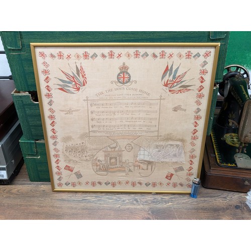 384 - Approximately 47 x 47 cm framed WWI silk handkerchief 'Till the boys come home' for Libertys