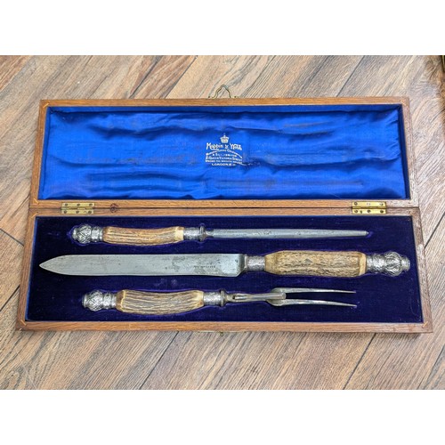 17 - Vintage cased Mappin & Webb 3-piece carving set with antler handles and hallmarked silver mounts