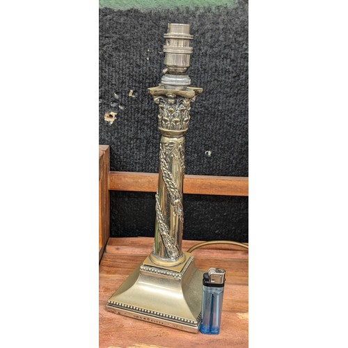 40 - A1 silver plate 32 cm tall Corinthian column lamp base - needs rewiring