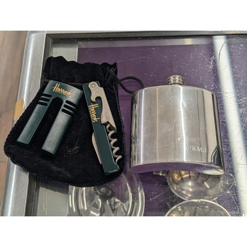 173 - Harrods home bar multi-tool and bottle opener in pouch plus Grant & Sons 6 oz. pewter pocket flask