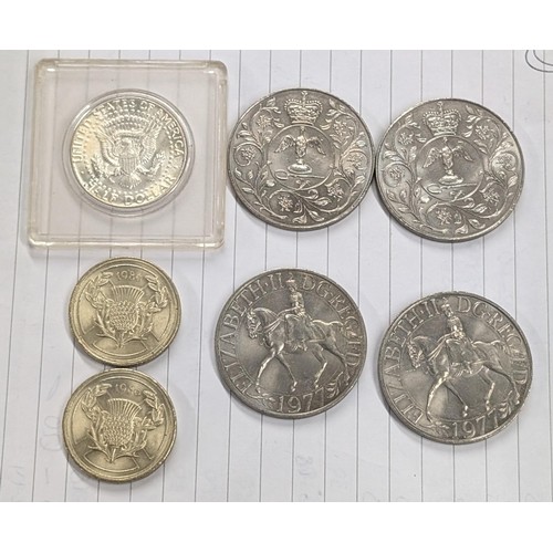 471 - Cased 1964 USA half dollar coin, 2 x 1986 UK coin chase £2 coins and 4 x commemorative crowns