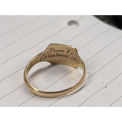 573 - 375 Hallmarked gold gents signet ring size U with initials engraved and inscription inside. - 3.7 gm