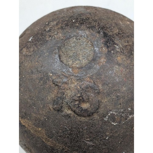 335 - Vintage cast iron shot putt/canon ball stamped 