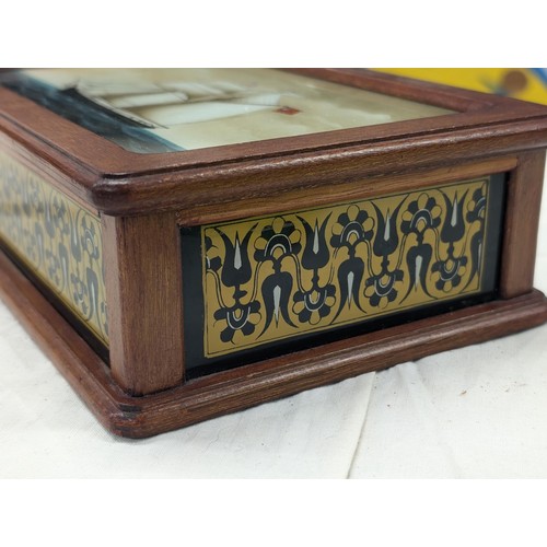 478 - 23 x 15 x 7cm jewellery box with reverse painted panels including one of a schooner