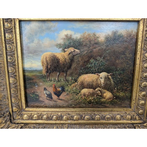 396 - Sheep and hens oil painting circa late 1800's in 17.5 x 15.5