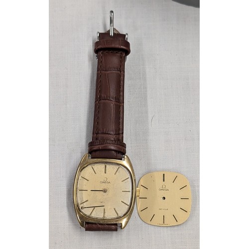 564 - Mens gold tone Omega Deville watch with leather strap for restoration, and extra face