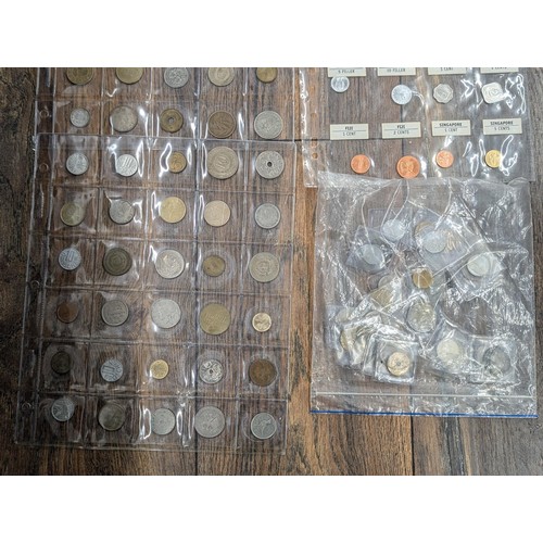 469 - 5 x sleeves of assorted mixed silver and copper foreign coinage plus bag of individually pouched sim... 