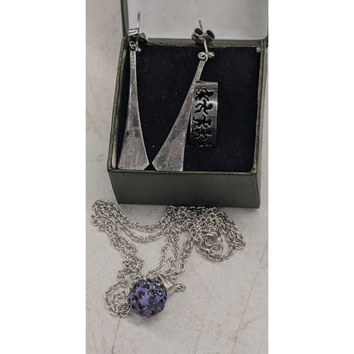 599 - Boxed hallmarked silver dangly earrings and 925 glitterball pendant necklace and ring