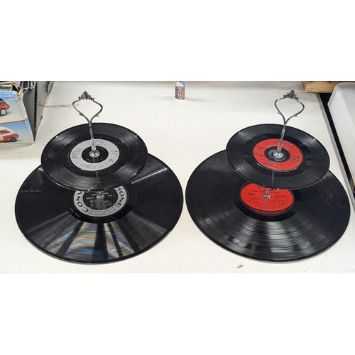 288 - 2 x Retro vinyl single and album, 2 tier cake stands