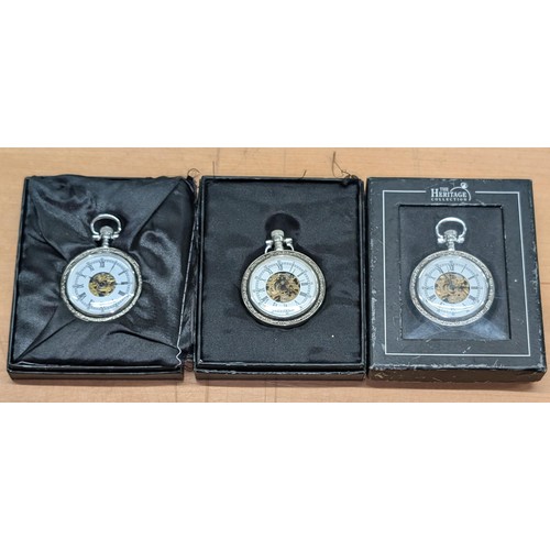 200 - 3 x Boxed Heritage Collection skeleton pocket watches