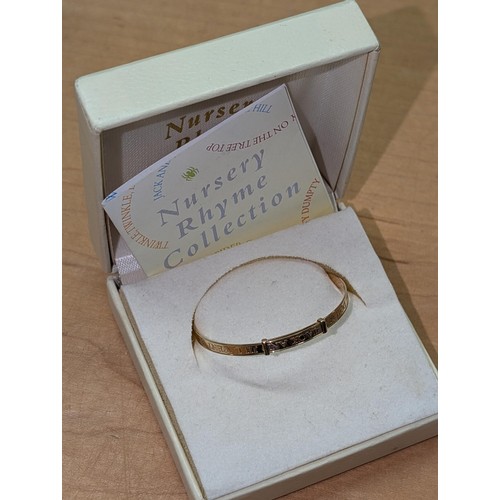 600 - Boxed Hallmarked 9CT gold Jack and Jill bangle from the Nursery Rhyme collection by Solar