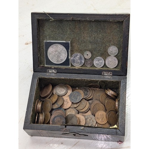 476 - Victorian marquetry inlaid box full of old mostly UK copper coins