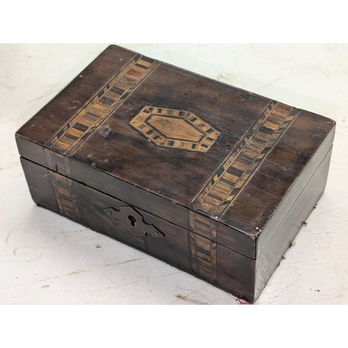 476 - Victorian marquetry inlaid box full of old mostly UK copper coins