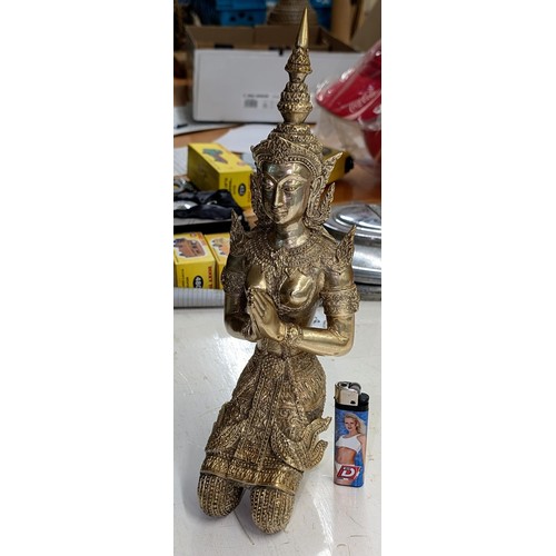 240 - 33cm Tall very heavy metal gold colour Thai Namaste praying goddess figure