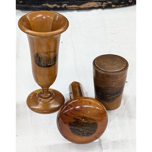 328 - Trio of Maucheline ware items being Darning shroom, vase and screw lid pot