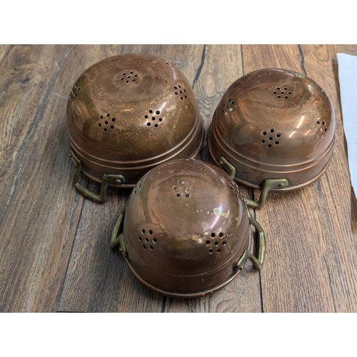 407 - Set of 3 graduated vintage copper and brass sieves