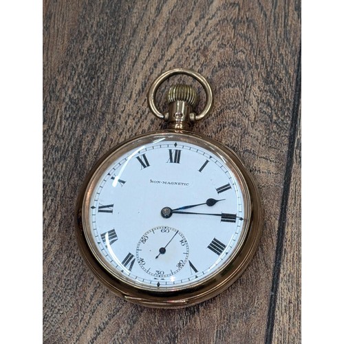 567 - Non magnetic 9 carat gold cased pocket watch with hinged mechanism - non working but good condition ... 