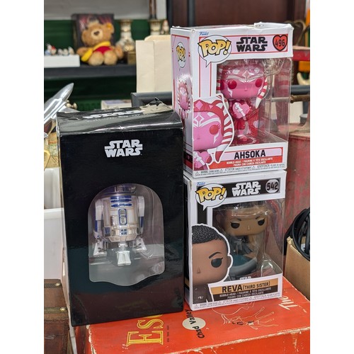 113 - Boxed disney Star Wars R2D2 (oriental market) and 2 x boxed funko pops Star wars figures