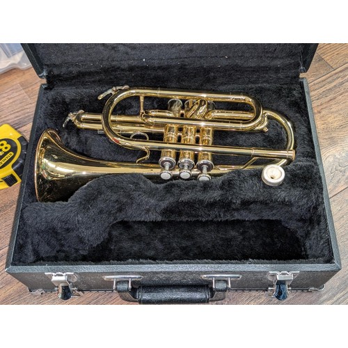 24 - Sonata brass cornet in hard case ( keys a little stiff)