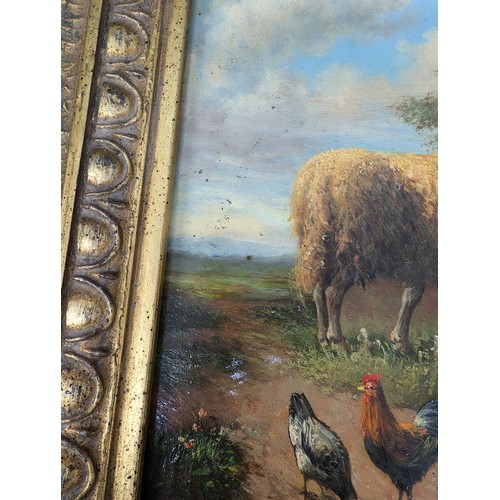 396 - Sheep and hens oil painting circa late 1800's in 17.5 x 15.5