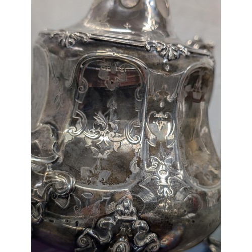 227 - 1860 Robert Harper London hallmarked silver tea service set (milk jug 1880 date stamp), very ornate ... 