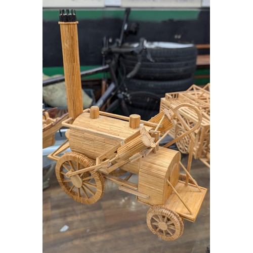 213 - Trio of scratch built matchstick models being fire engine, Stephensons Rocket and Chinese junk