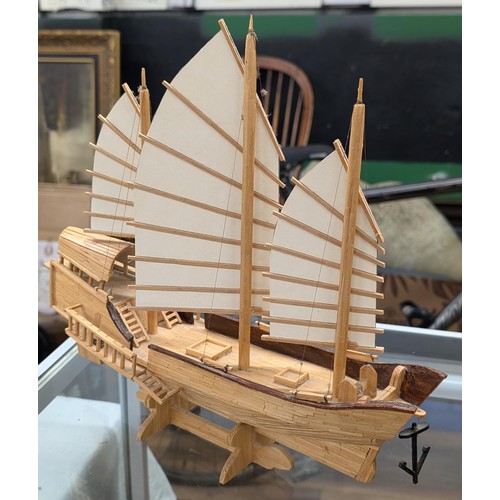 213 - Trio of scratch built matchstick models being fire engine, Stephensons Rocket and Chinese junk