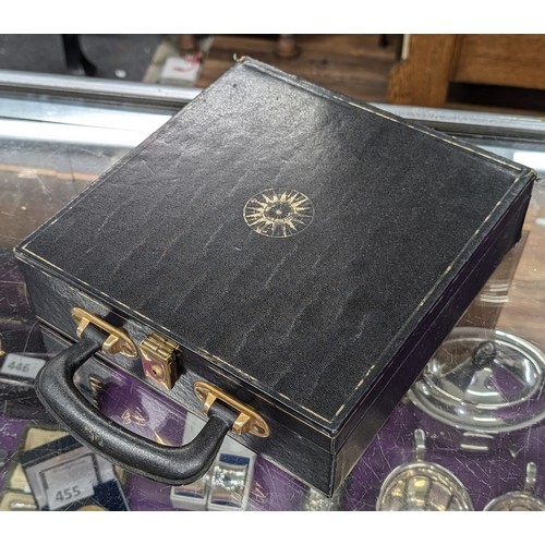 376 - Rare cased Travel Communion set in case with Hallmarked silver and glass contents.